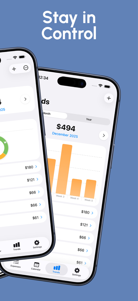 Folyo – Expense Tracker - Dois iPhones exibindo a tela de tendências do aplicativo Folyo com um gráfico de barras de gastos mensais e uma lista de despesas