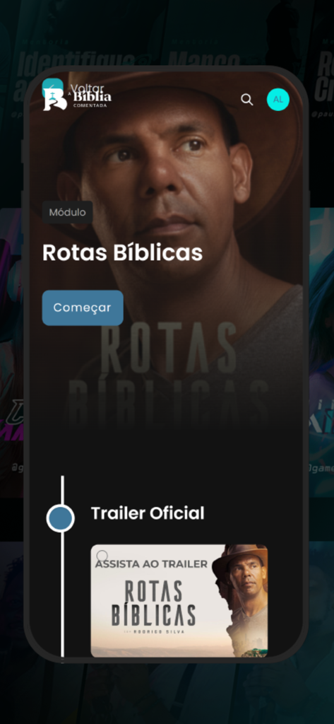 Tela do aplicativo A Bíblia Comentada mostrando o módulo Rotas Bíblicas com o Dr. Rodrigo Silva