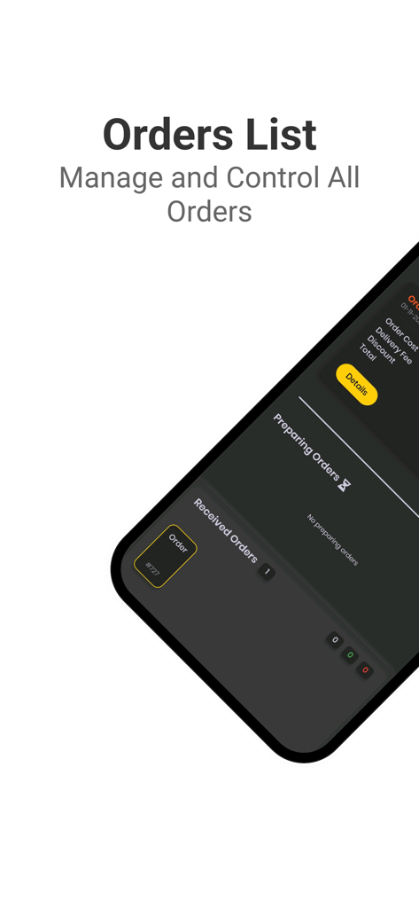 Hurryapp Vendor - Interfaz móvil de HurryApp Vendor que muestra la lista de pedidos para gestionar los pedidos recibidos y en preparación.
