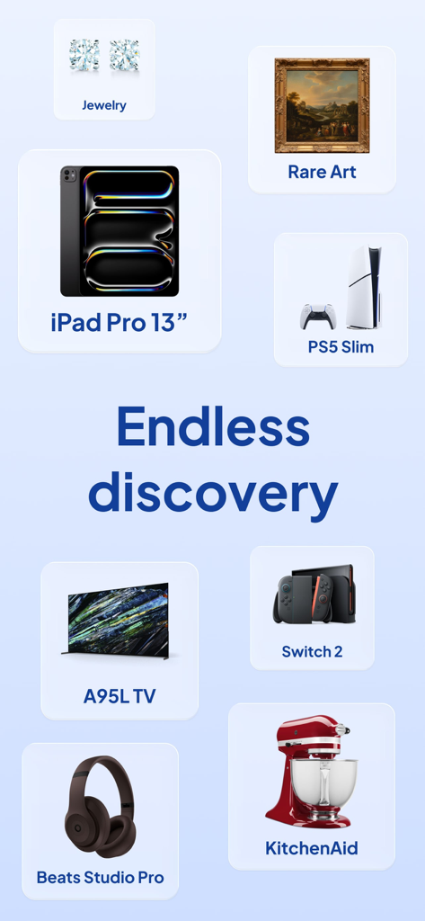 A display of diverse auction items including an iPad, PS5, and KitchenAid mixer under the heading Endless discovery.