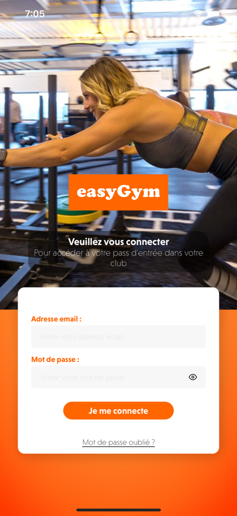 Login screen of the easyGym Fitness app with email and password fields