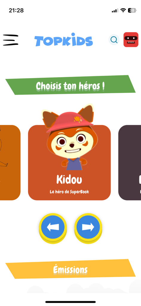 TopKids - Tela do aplicativo TopKids apresentando o personagem Kidou, a raposa do SuperBook, em um menu de seleção.