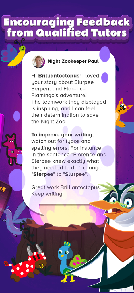 Night Zookeeper - Fun Learning - Encouraging writing feedback from a qualified tutor in the Night Zookeeper app