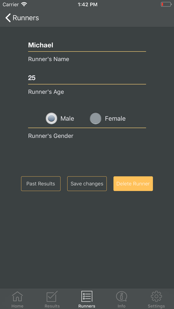 Multi Stage VO2 max Beep Test - Mobile app screen for editing runner profile details including name age and gender