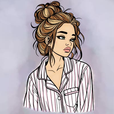 realistic woman with pajamas on and a messy bun