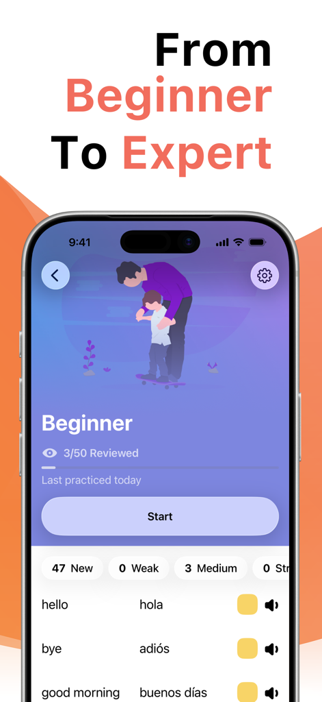 Learn Spanish with LENGO app interface showing beginner level vocabulary words and learning progress