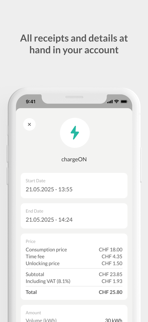 chargeON - A digital receipt within the chargeON app displaying detailed pricing and duration for an electric vehicle charging session