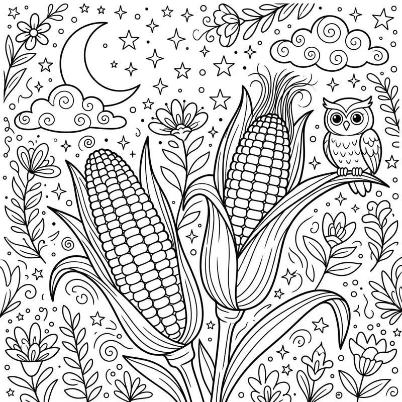 Explore the enchanting world of a cornfield under the magical night sky with this unique coloring page. Featuring plump corn cobs, a wise owl, and twinkling stars, it's perfect for a relaxing and creative escape.