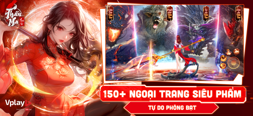 Thần Ma Loạn Vũ - Vplay - Guerrera con vestido rojo junto a monstruos jefes en Than Ma Loan Vu Vplay