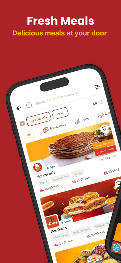 HurryApp | Food & more - HurryApp mobile interface displaying Egyptian restaurant listings for fresh meal delivery with delivery times and ratings.