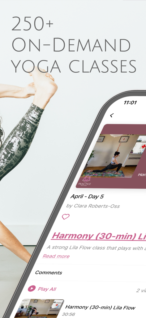 Practice with Clara - Practice with Clara app interface showing 250 plus on demand yoga classes and a 30 minute Lila Flow session