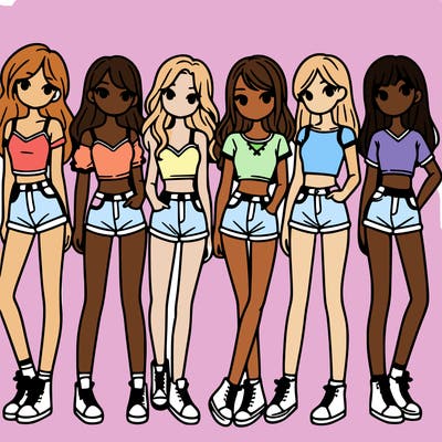 a group of girls wearing crop tops and shorts