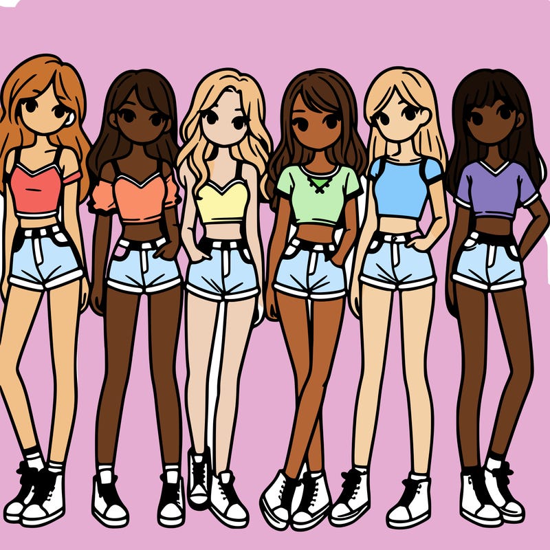 a group of girls wearing crop tops and shorts
