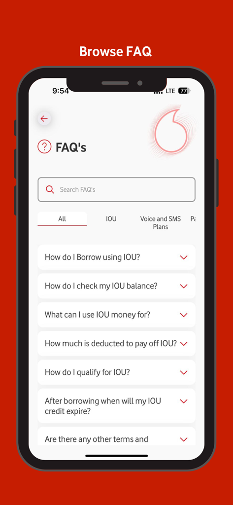 FAQ section of My Vodafone Fiji app showing borrowing and credit help topics