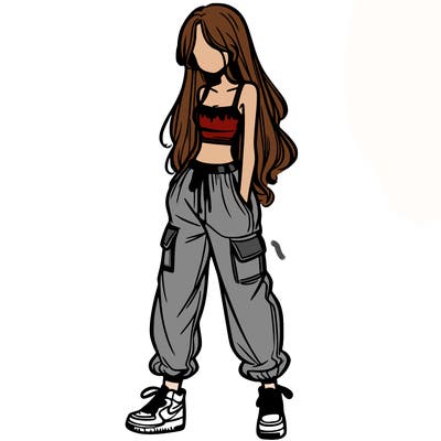 girl in baggy pants crop top and long hair