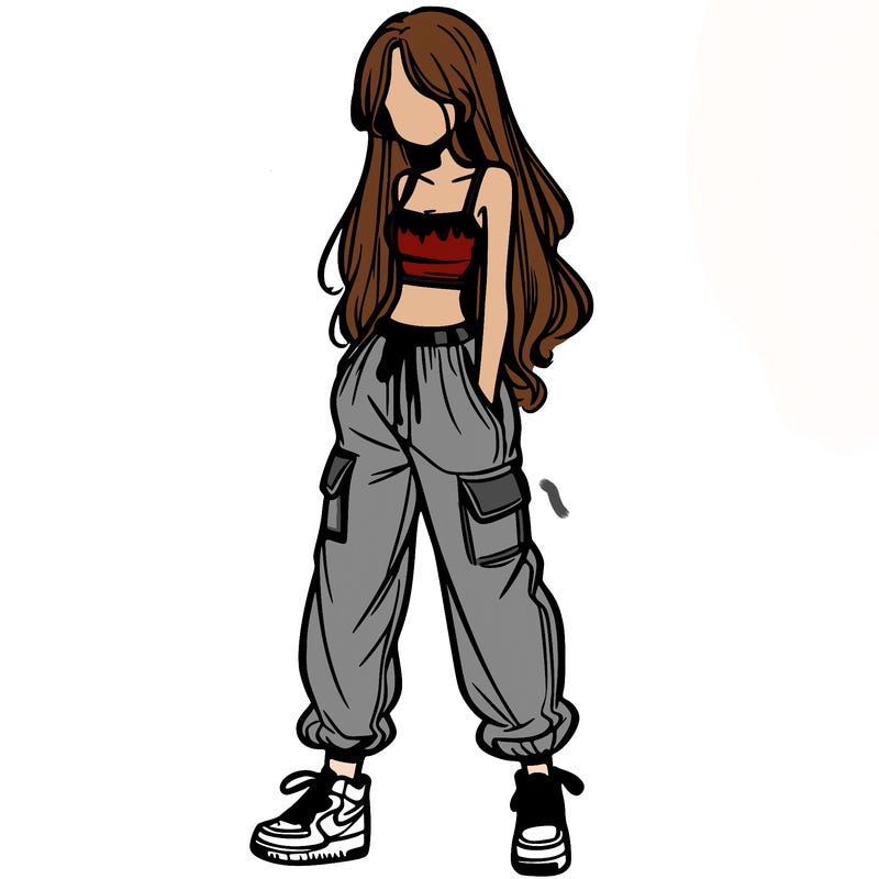girl in baggy pants crop top and long hair