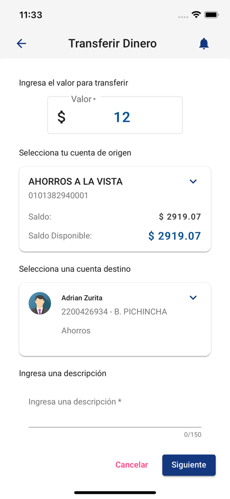 Cacspmec Móvil - Pantalla de la aplicación Cacspmec Movil para transferir dinero entre cuentas