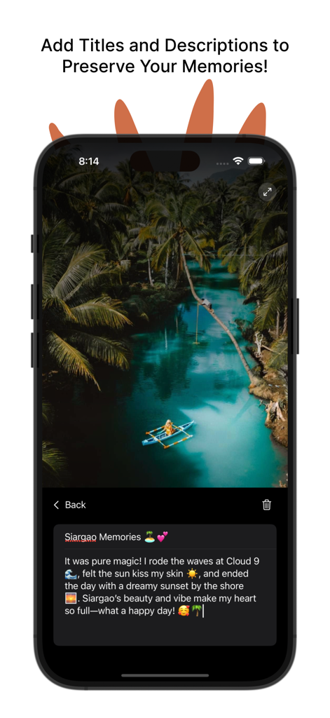 My Map Diary - A mobile app interface displaying a travel photo of a tropical river with a personalized title and diary description.