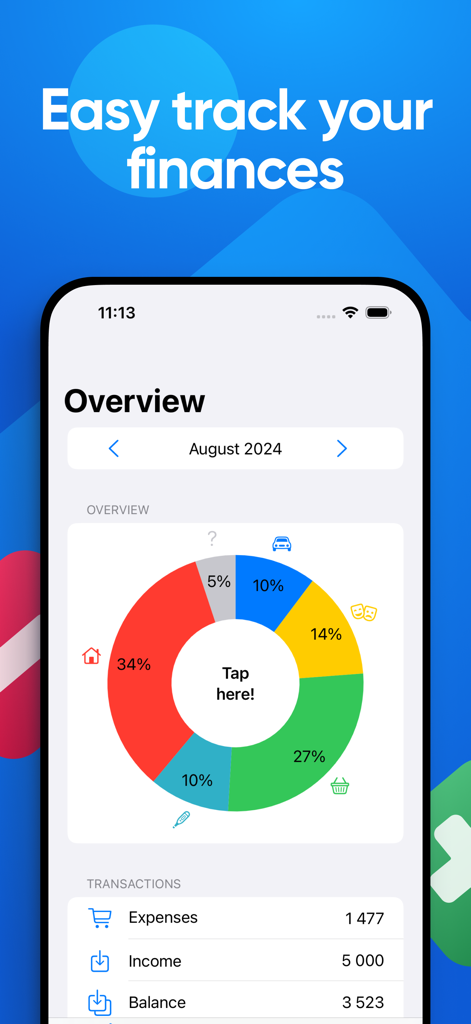 Vertly - Daily expense tracker - Tela de visão geral do aplicativo Vertly mostrando um gráfico de pizza colorido de categorias de gastos e saldo financeiro mensal