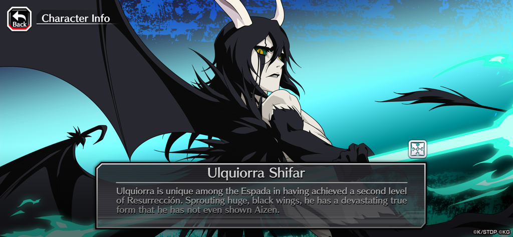 Character profile screen for Ulquiorra Shifar in Bleach Brave Souls anime game