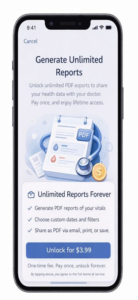 Vitals Logbook -Health Tracker - Pantalla de compra dentro de la aplicación para Diario de Vitals que ofrece acceso de por vida a informes de salud PDF ilimitados para visitas médicas