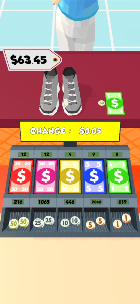 Gameplay screenshot of Cashier 3D showing a cash register drawer with bills and coins while processing a sale for shoes