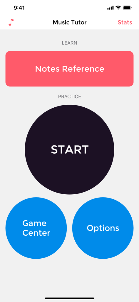 Music Tutor Plus - Music Tutor Plus home screen showing the Learn and Practice sections with a large Start button.