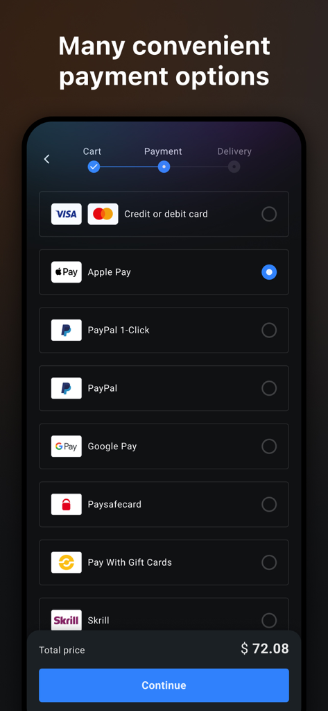 G2A - G2A mobile app checkout screen showing multiple payment options including Apple Pay and PayPal