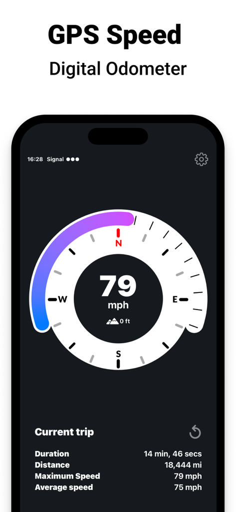 Digital GPS speedometer app showing speed and trip details
