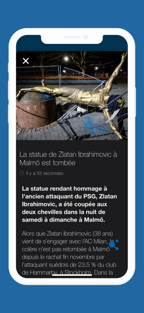 Footmag app news article about the fallen Zlatan Ibrahimovic statue in Malmo