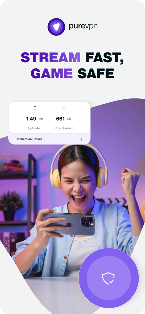 PureVPN: Fast and Secure VPN - PureVPN app promotional graphic featuring a happy woman gaming on her smartphone with text stream fast game safe