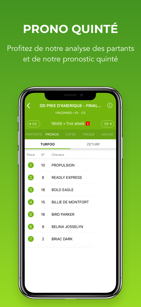 Turfoo Résultats Turf et Prono - Turfoo mobile app displaying horse racing predictions and Quinte race analysis