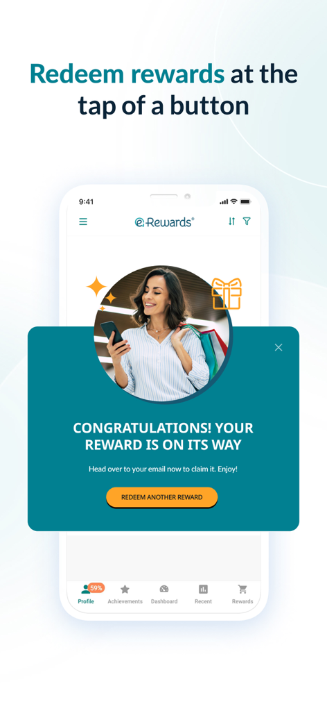 Écran de l'application mobile montrant une confirmation de succès de rachat de récompense dans l'application e-Rewards