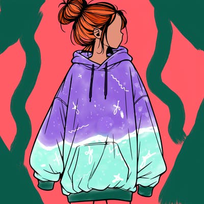 realistic girl with a oversized sweatshirt on and a bun