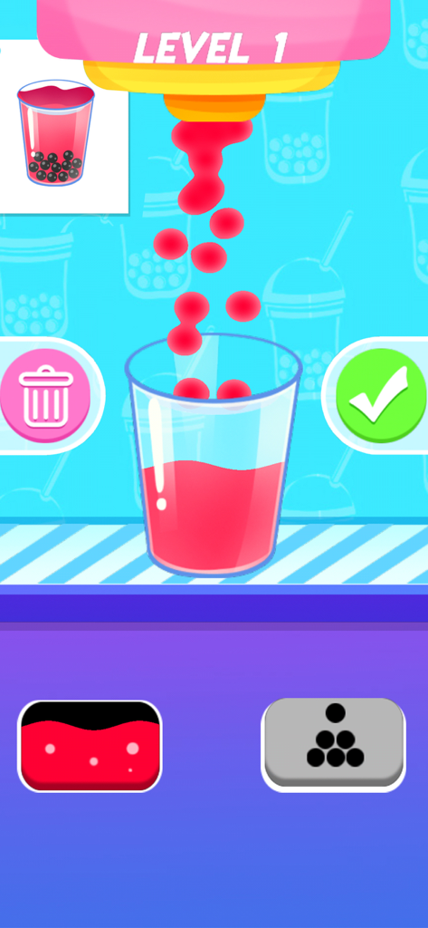 Bubble Tea Simulator - Gameplay of Bubble Tea Simulator showing red tea pouring into a cup at Level 1