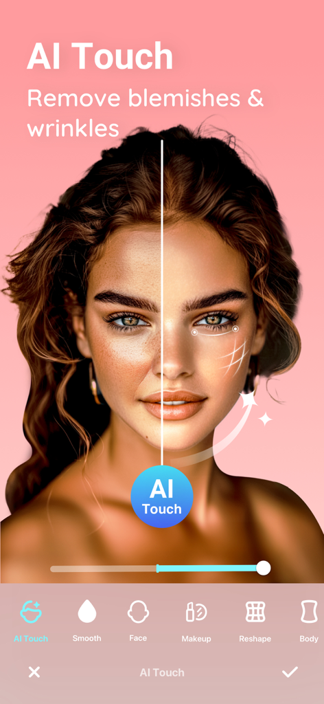 Peachy 앱의 AI 터치 기능이 여성의 얼굴 잡티와 주름을 제거하는 것을 보여주는 분할 화면 비교