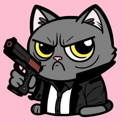 a grumpy cat with a gun