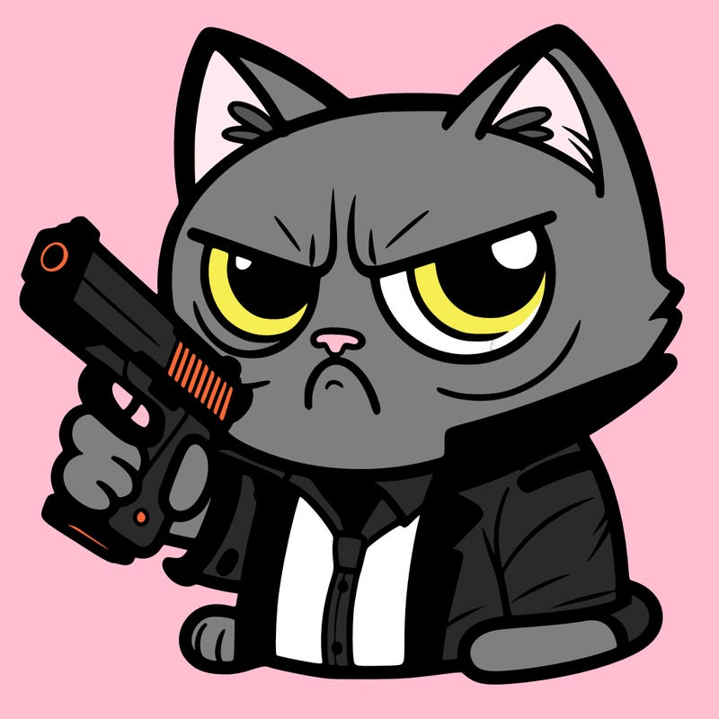 a grumpy cat with a gun