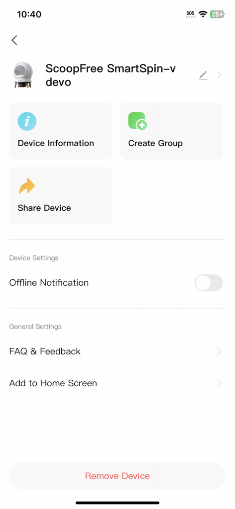 Pantalla de configuración de la aplicación ScoopFree para gestionar las funciones de la caja de arena inteligente, como compartir dispositivos y notificaciones.