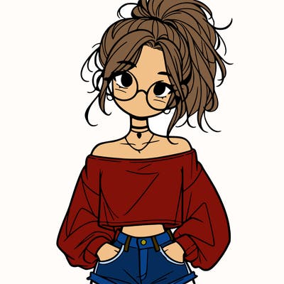 girl with a messy ponytail glasses a baggy crop top and jean shorts
