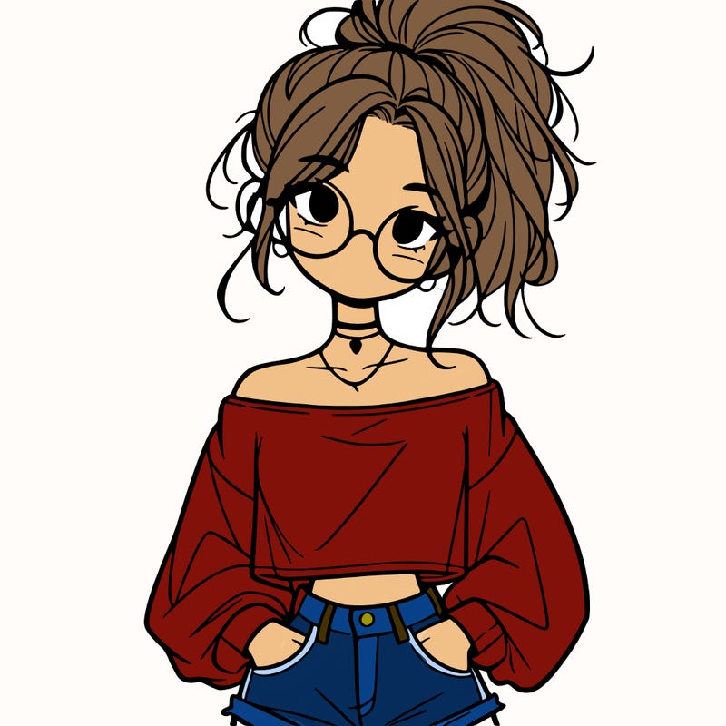 girl with a messy ponytail glasses a baggy crop top and jean shorts