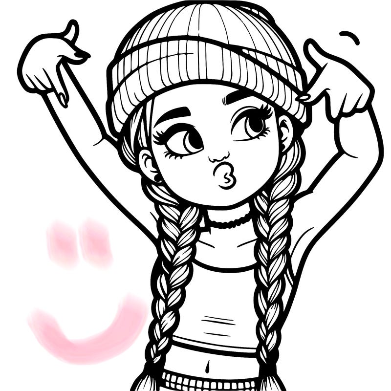 realistic teenage girl with braids and a beanie and crop top doing 🫶🏼