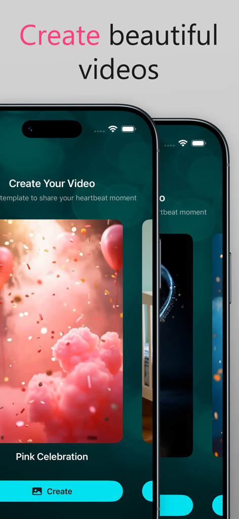 Interface of Hear My Baby app showing the pregnancy reveal video creation feature with a pink celebration template