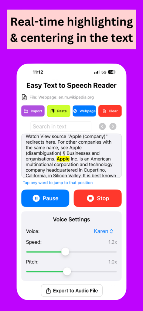 Easy Text to Speech Reader Pro - Interfaz de Lector Fácil de Texto a Voz Pro que muestra resaltado de texto en tiempo real y configuración de voz