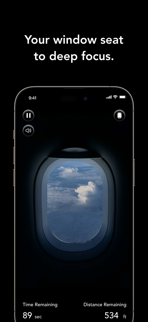 Smartphone screen displaying the CloudFocus app with an airplane window view and a deep focus timer