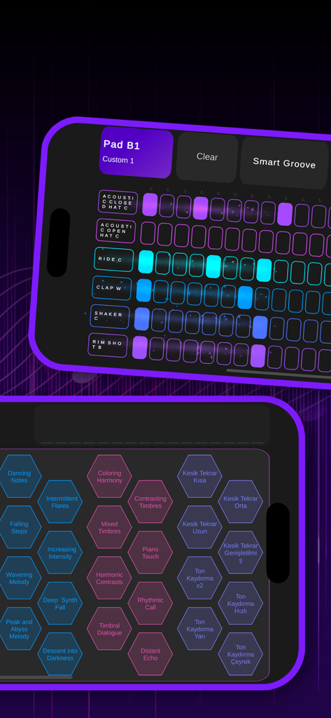 LoopForge - Pantalla de la aplicación LoopForge que muestra un secuenciador de ritmos de 32 pasos y baldosas interactivas de efectos de sonido hexagonales.