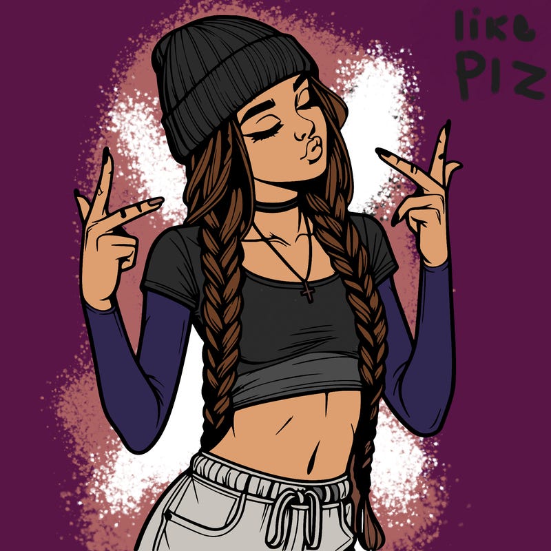 realistic teenage girl with braids and a beanie and crop top doing 🫶🏼