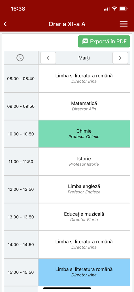 Catalog Viva - Screenshot of the Catalog Viva app displaying a daily school timetable with subjects and teachers