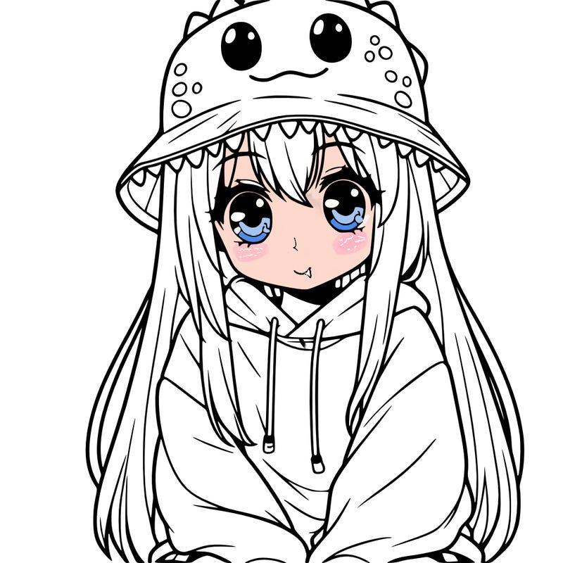 girl with anime shaped eyes with a dinosaur bucket hat oversized sweatshirt long straight hair