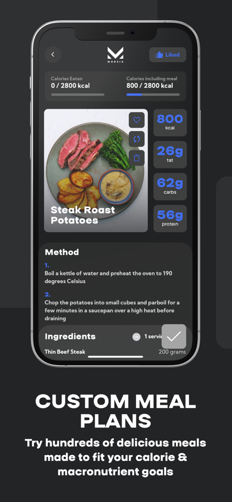 Morsia - Morsia fitness app screen showing a personalized meal plan for steak and roast potatoes with calorie and macronutrient tracking.